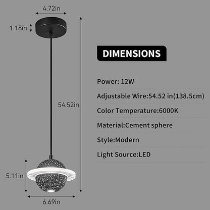 Modern LED Pendant Light Fixtures,Concrete Pendant Lights Kitchen Island, Planet Pendant Lighting Adjustable for Dining Living Room Bedroom Kitchen Island(Black 1-Pack)
