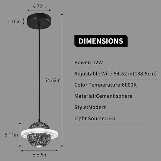 Modern LED Pendant Light Fixtures,Concrete Pendant Lights Kitchen Island, Planet Pendant Lighting Adjustable for Dining Living Room Bedroom Kitchen Island(Black 1-Pack)