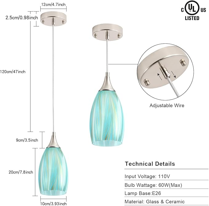 GLADFRESIT Sky Blue Serenity Pendant Light for Kitchen Islands – Artisanal Elegance with Adjustable Nylon Core and Ceramic Holder, Pack of 3 for Dining Room, Entryway (Bulb Excluded)