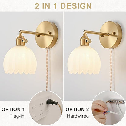 Plug in Wall Sconces Set of 2, Vintage Wall Sconce Light with Tulip Milk White Glass Lampshade, Bedroom Wall Sconce with Switch and Plug in wall lamp Cord, Gold Wall Light Wall Decor Set of 2