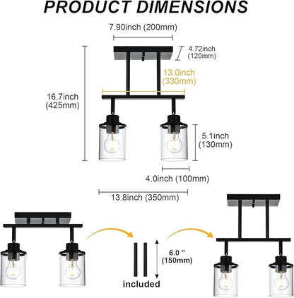 Yaohong 2-Light Kitchen Track Light Fixtures Ceiling Vanity Lights Black, Bathroom Track Lighting Kit with Ajustable Heads, Modern Wall Ceiling Tracking Light for Hallway Shop