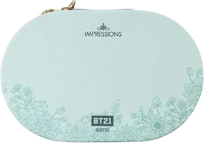 Impressions Vanity BT21 Travel Jewelry Organizer with Faux Saffiano Leather, 3 Divided Compartments, Organizer box with BT21 Natural Garden Design, 8 Ring Holder, Inner Slip Pocket Vanity Organizer