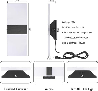 TRLIFE Modern LED Wall Sconce, Adjustable 4 Color Temperature 12W Morden Wall Sconce Plug in, Acrylic Wall Mounted Light Wall Lights with 6FT Plug in Cord for Bedroom Bedside Stairway(1 Pack, Black)
