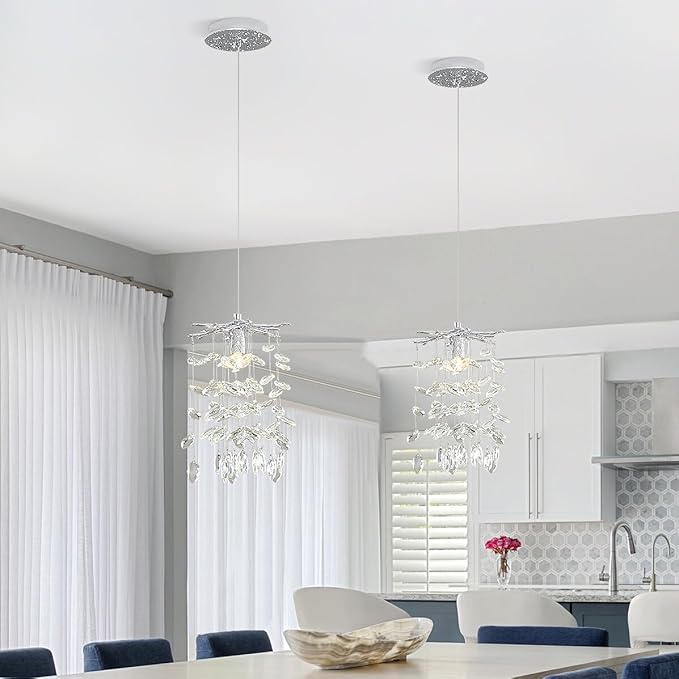 Modern K9 Crystal Tree Branches Chandelier, 8.6in Silver 1 Lights Large Ceiling Hanging Light for Dining Room, Round Tassel Ceiling Hanging