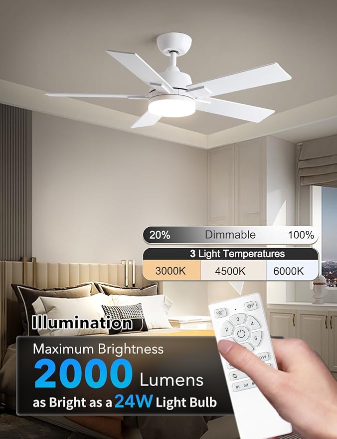 Rayqueen 42 Inch Ceiling Fans with Lights and Remote, 6 Speed Reversible DC Motor, 3CCT Dimmable LED, 5 Blades, White Modern Ceiling Fan for Bedroom, Living Room & Covered Outdoor, Includes Downrod