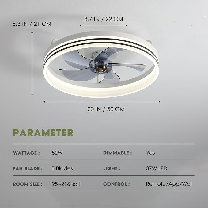 LUDOMIDE Ceiling Fans with Lights, Flush Mount Ceiling Fan with Lights and Remote, 6 Wind Speeds Smart Low Profile Ceiling Fan for Bedroom, Dining Room and Kitchen 20" (White)