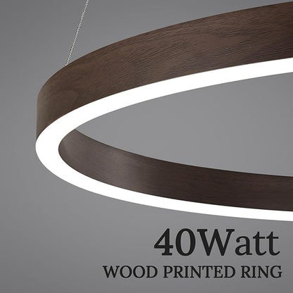 LED Ring Chandelier Walnut Wood Chandelier 24in Dimmable Round Foyer Chandeliers Light Modern Circular Chandeliers Wood-Printed Adjustable Pendant Light Fixture for Dining Room Entry Bedroom Office
