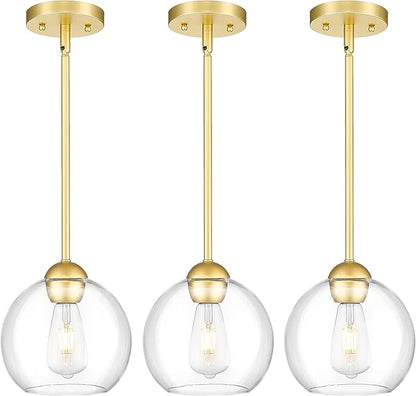Emak 3 Pack Pendant Lights Kitchen Island, Gold Pendant Light Fixtures with Clear Glass Shade, Modern 8 Inch Globe Hanging Lights for Kitchen, Bedroom, Bar, PL121-GD-3PK