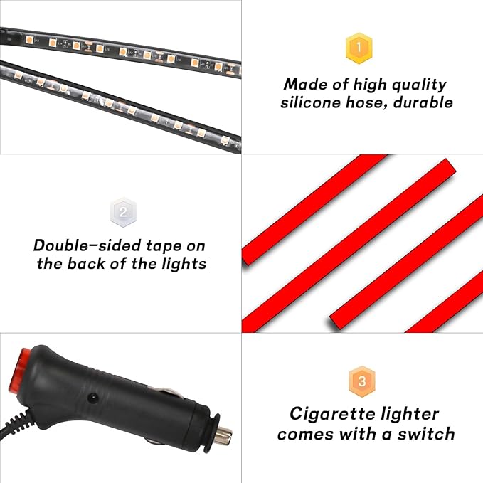 Car LED Strip Light, 12V 24 LED Interior Atmosphere Lights Under Dash Ambient Night Light, Auto Interior Decorative Lamp with Cigarette Adapter Plug, Car Accessories (Red, Cigarette Lighter)
