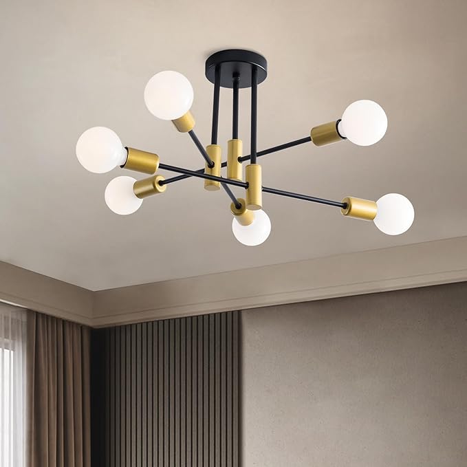 20.5 Inch Black and Gold Sputnik Ceiling Light Fixture 6-Light Black and Gold Sputnik Chandeliers, Mid Century Chandelier Modern Chandelier for Dining Room, Living Room, Bedroom, E26 Base