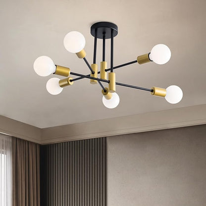 20.5 Inch Black and Gold Sputnik Ceiling Light Fixture 6-Light Black and Gold Sputnik Chandeliers, Mid Century Chandelier Modern Chandelier for Dining Room, Living Room, Bedroom, E26 Base