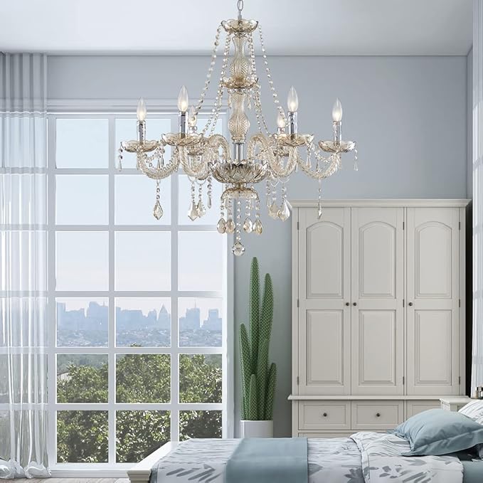 Saint Mossi 6 Light Chandelier Modern K9 Crystal Chandelier Lighting, Champagne Crystal Ceiling Light Fixture Pendant Lamp for Dining Room Bathroom Bedroom Livingroom