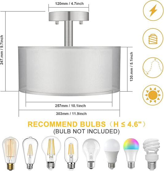 FOLKSMATE Silver Semi Flush Mount Ceiling Light Fixture, 3-Light Drum Light with Double Fabric Shade, Modern Close to Ceiling Lamp for Living Room, Bedroom, Dining Room, Kitchen, Hallway, Entry, Foyer
