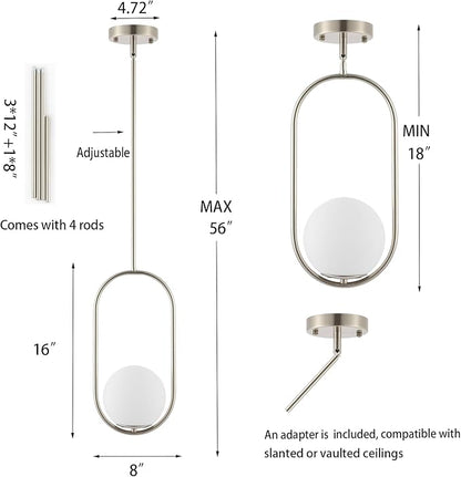 BYOLIIMA Modern Globe Pendant Light Brushed Nickel Chandelier 1-Light Mid Century Ceiling Hanging Lighting Fixture White Globe Glass Shades for Kitchen Island Dining Room Bedroom