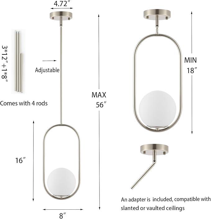 BYOLIIMA Modern Globe Pendant Light Brushed Nickel Chandelier 1-Light Mid Century Ceiling Hanging Lighting Fixture White Globe Glass Shades for Kitchen Island Dining Room Bedroom (2 Pack)