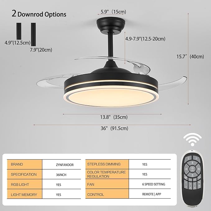 36" RGB Fandelier Light, Bluetooth Black Modern Ceiling Fan - 6 Speed Silent Reversible Blade, Remote/APP Control, Dimmable LED for Dining Living Room, Bedroom Kitchen