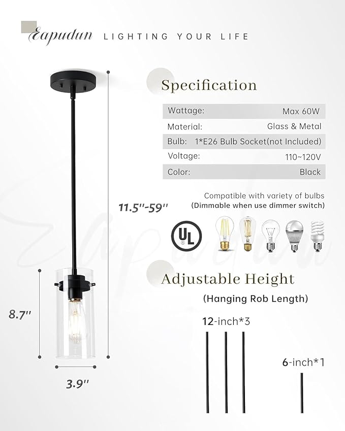 EAPUDUN Industrial Pendant Light Fixtures,Clear Glass Shade Pendant Lighting,Vintage Hanging Lighting Fixture for Kitchen Island,Dining Room,Corridor Bedroom E26 Base UL Listed, PDA1353-MBK