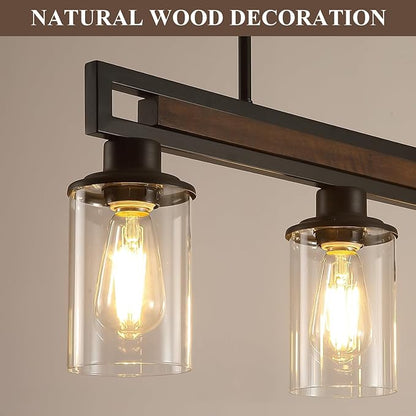 Farmhouse Dining Room Light Fixture, 3-Light Wood Kitchen Island Lighting for Dining Room Over Table, Black Adjustable Pendant Light with Clear Glass Shades, Linear Chandeliers Lighting for Kitchen