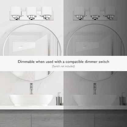 Design House 587469 Dove Creek 3-Light Vanity Light, Polished Chrome Finish, Frosted Glass Shades, Dimmable, Bathroom Wall Fixture