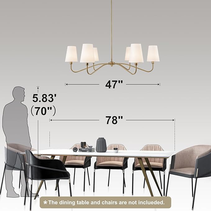 47'' Brushed Gold Chandelier with Shades, Oversized 6-Light Modern Chandelier for Living Room, Large Dining Room Light Fixture, Adjustable Brass Classic Pendant Light Fixture for Kitchen E12 Base
