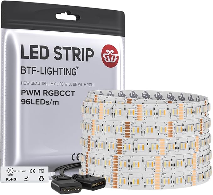 BTF-LIGHTING RGBCCT 5 Colors in 1 LED 5050SMD RGBWW RGB+Dimmable Tunable Color Temperature 2700K-6500K UL Listed 16.4ft 96LEDs/m 480LEDs DC12V Multi-Colored Tape Lights IP30(No Adapter or Controller)