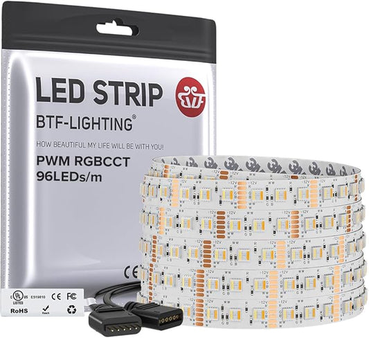 BTF-LIGHTING RGBCCT 5 Colors in 1 LED 5050SMD RGBWW RGB+Dimmable Tunable Color Temperature 2700K-6500K UL Listed 16.4ft 96LEDs/m 480LEDs DC12V Multi-Colored Tape Lights IP30(No Adapter or Controller)