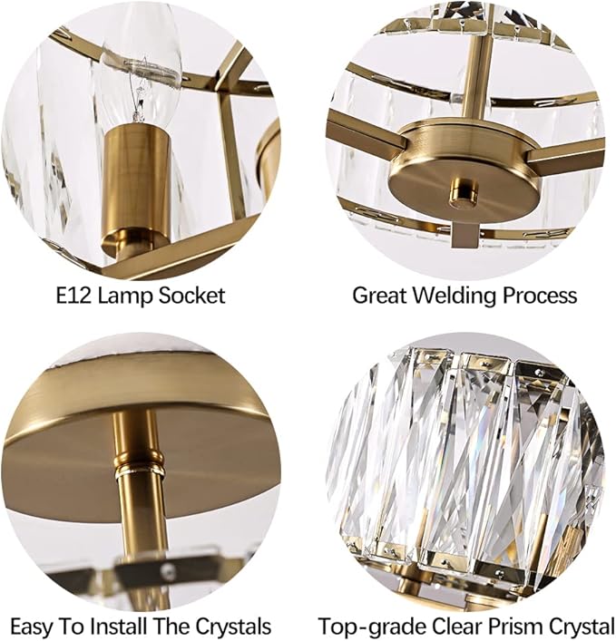 Gold Crystal Semi Flush Mount Chandeliers, 12.5” K9 Crystal Chandeliers 3-Light Ceiling Metal Pendant Fixture E12 Base for Living Room Bedroom Kitchen Island Hallway Dining Room …