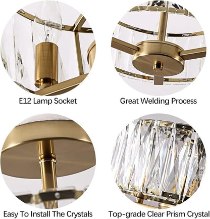 Gold Crystal Semi Flush Mount Chandeliers, 12.5” K9 Crystal Chandeliers 3-Light Ceiling Metal Pendant Fixture E12 Base for Living Room Bedroom Kitchen Island Hallway Dining Room …