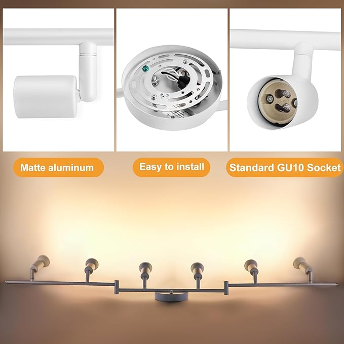 6 Light Track Lighting Fixture, GU10 Rotatable Heads, Matte White, Bulbs Not Included, Perfect for Kitchen, Office, Laundry, Dining Room