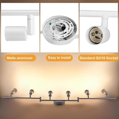 6 Light Track Lighting Fixture, GU10 Rotatable Heads, Matte White, Bulbs Not Included, Perfect for Kitchen, Office, Laundry, Dining Room