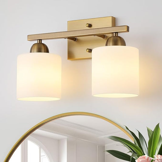Mecgirn Milk Glass Vanity Lights for Bathroom, 2 Light Antique Matte Brass Bathroom Vanity Light Fixtures Over Mirror, Ceramic E26 Sockets Wall Mounted