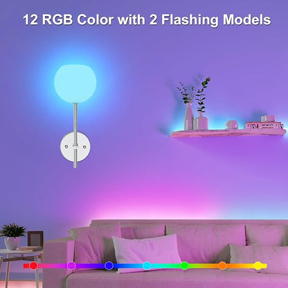 Chrome Battery Operated Wall Sconces Set of 2, Rechargeable Wireless Wall Lights with Milky White Frosted Glass, 12 RGB and 3CCT Dimmable, Wall Lamps with Remote for Bedroom Living Room Hallway