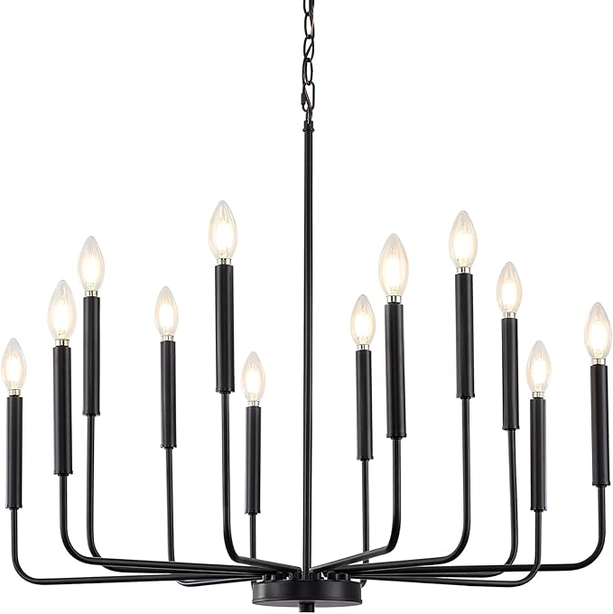 Modern Black Chandelier for Dining Room,Metal 12-Light Kitchen Light Fixtures, Farmhouse Candle Hanging Pendant Light for Living Room Entryway Foyer Bedroom (Bulbs Not Included)