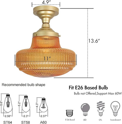 CLAXY Gold Ceiling Light Amber Glass Shade-Vintage Schoolhouse Light Fixture Semi-Flush Mount Dimmable for for Living Room/Bedroom/Dining Room/Kitchen
