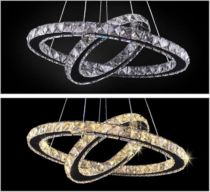 LED Chandelier Modern Contemporary 2 Rings Pendant Light Adjustable Stainless Steel Crystal Ceiling Lighting Fixture for Bedroom Living Room Dining Room (Warm White)