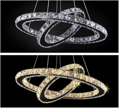 LED Chandelier Modern Contemporary 2 Rings Pendant Light Adjustable Stainless Steel Crystal Ceiling Lighting Fixture for Bedroom Living Room Dining Room (Warm White)