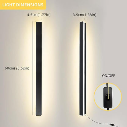 KELUOLY Modern Plug in Wall Sconces, 23.6 inch Frosted Black LED Long Wall Lights, 12W Warm White 3000K Acrylic Indoor Wall lamp,with 59" Plug Cable for Bedroom, Living Room, Bathroom Makeup, Hallway
