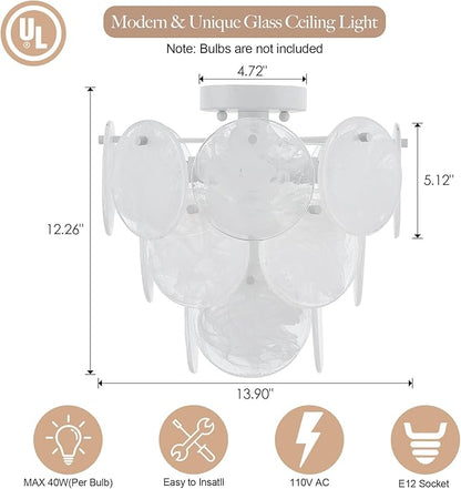 Modern Glass Flush Mount Light Fixture, Hallway Ceiling Light Unique Chandelier, 4-Light Flush Mount Chandelier for Bedroom Entryway, White Finish