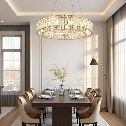 Modern Crystal Chandelier Round 12-Light Contemporary Hanging Ceiling Light Fixture Copper/Brass Finish with Rectangular Crystals Dining Room Living Room Bedroom Entryway Lighting Easy Install 24''
