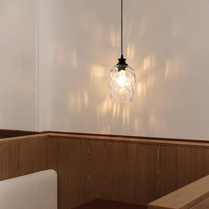 Modern Plug in Pendant Light with Dimmable Switch E26 Clear Rippled Glass Shade Hanging Lights with 16.4 Ft CordPlug in Hanging Lamp for Kitchen Island Bedroom Living Room （Bulb not Included）