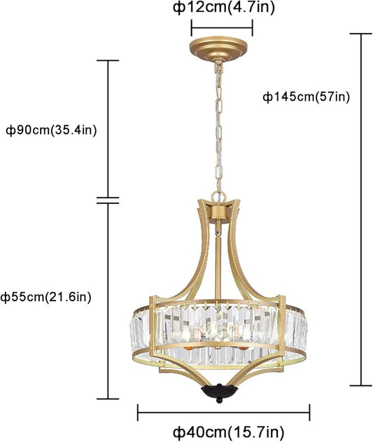 5-Light Crystal Chandelier Ceiling Light Fixture with Adjustable Height, Gold Drum Pendant Light for Dining Room Light Fixture, Kitchen Island, Bedroom, Living Room, Elegant Modern Lighting