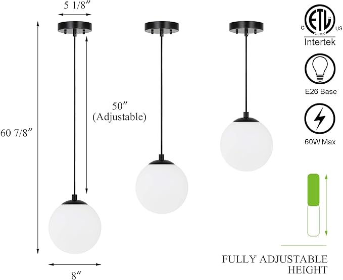 XiNBEi Lighting Pendant Lighting 1 Light Globe Pendant Light, Modern Adjustable Kitchen Hanging Ceiling Light Matte Black Finish XB-P1211-MBK