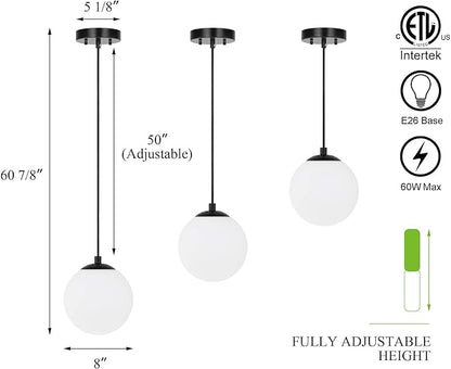 XiNBEi Lighting Pendant Lighting 1 Light Globe Pendant Light, Modern Adjustable Kitchen Hanging Ceiling Light Matte Black Finish XB-P1211-MBK