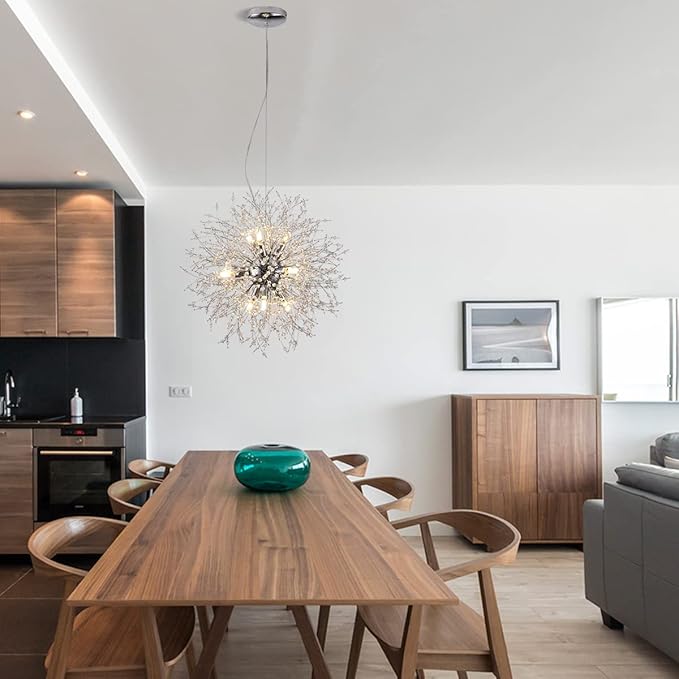 Firework Crystal Chandeliers, 9-Light Stainless Steel Dandelion Chandelier Chrome, 19.6" Modern Sputnik Pendant Lighting for Bedroom Dining Room