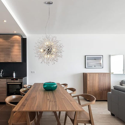 Firework Crystal Chandeliers, 9-Light Stainless Steel Dandelion Chandelier Chrome, 19.6" Modern Sputnik Pendant Lighting for Bedroom Dining Room