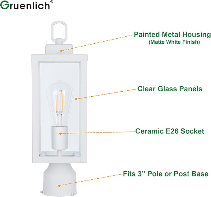 GRUENLICH Outdoor Post Lighting Fixture Pole Lantern, E26 Medium Base Max 60W, Metal Housing Plus Glass, Matte White Finish, Bulb Not Included, 2 Pack