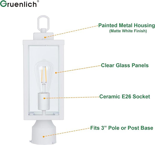 GRUENLICH Outdoor Post Lighting Fixture Pole Lantern, E26 Medium Base Max 60W, Metal Housing Plus Glass, Matte White Finish, Bulb Not Included, 2 Pack