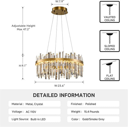Gold Led Modern Crystal Chandelier: 23.6" Round K9 Luxury Smoke Grey & Clear Crystals 3 Color Dimmable Contemporary Chandeliers for Dining Room Lights - Adjustable Height Living Room Light with Remote