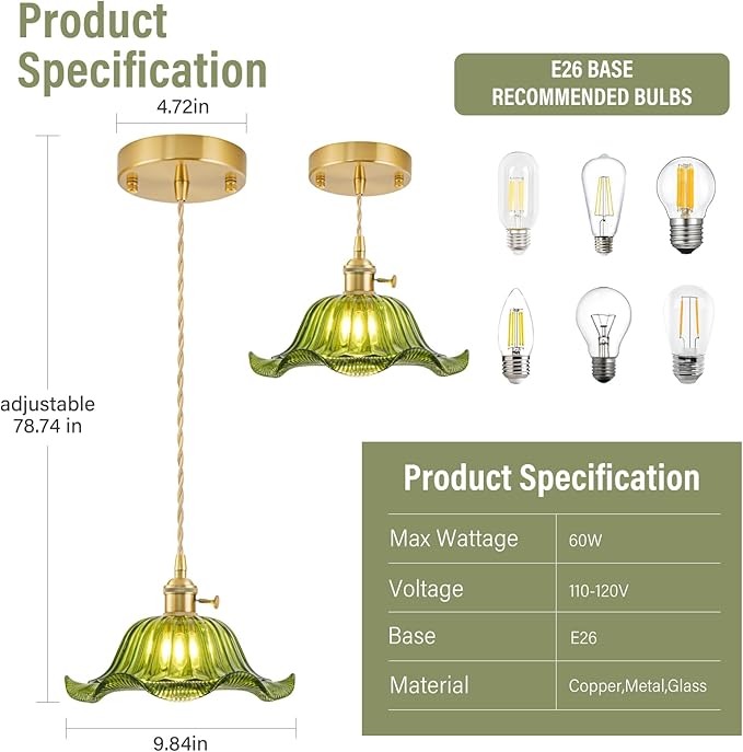 Vintage Pendant Lights Kitchen Island, Adjustable Brass Pendant Light Fixtures with Green Lily Glass Lampshade, Gold Kitchen Pendant Lighting Over Island, Pendant Light for Dining Room Hallway