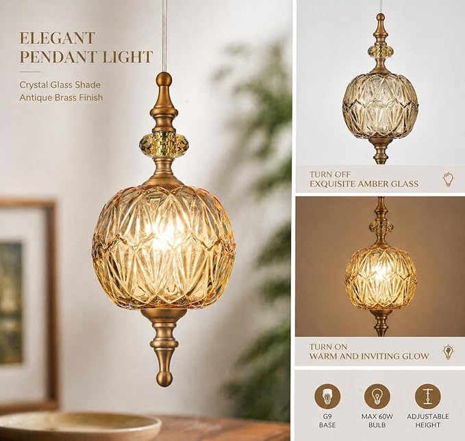 Amber Glass Pendant Lights Kitchen Island Pendant Light Fixtures Vintage Pendant Lighting for Bedroom Living Dining Room(4.75 in, 1 Pack)